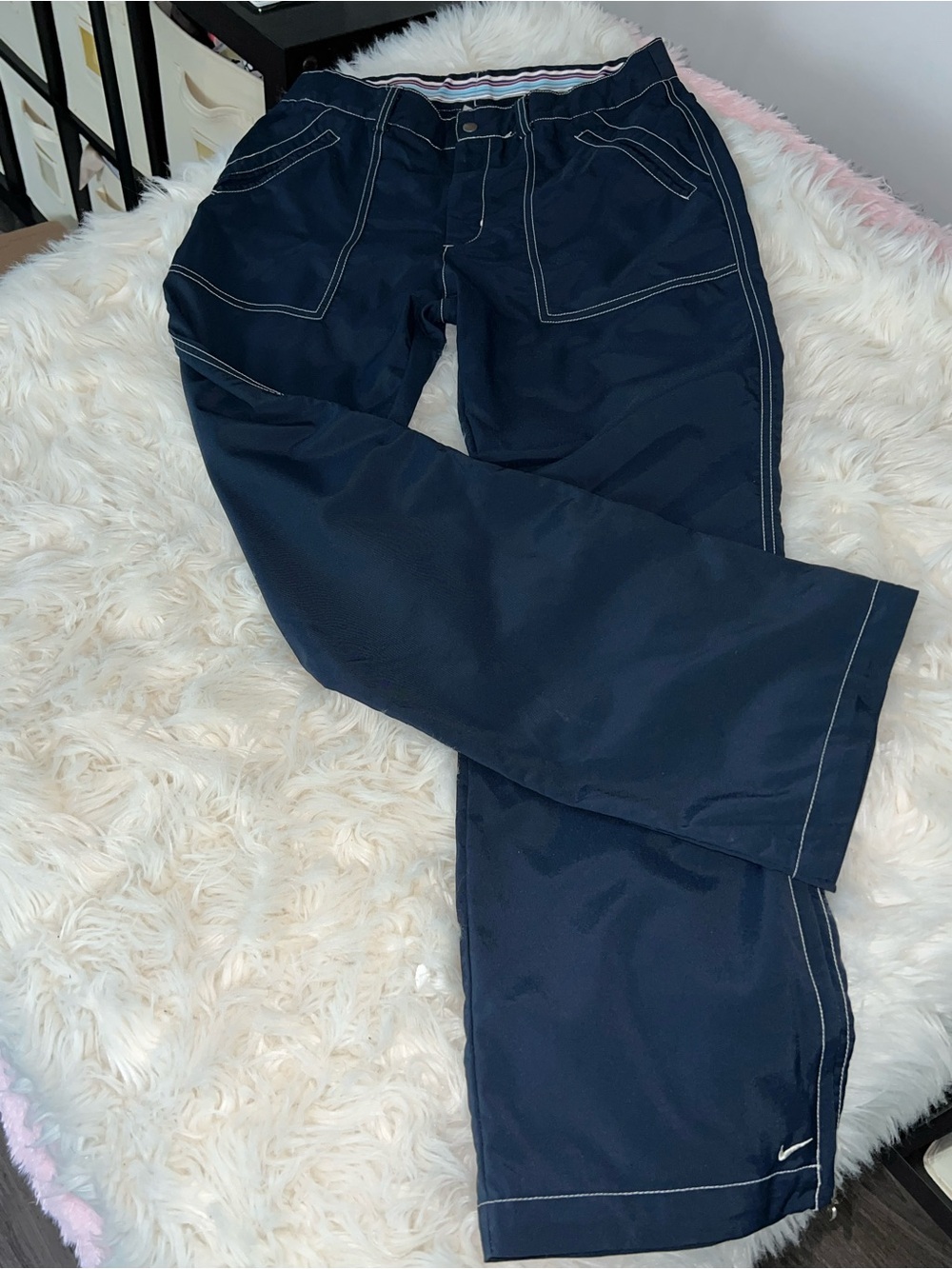 Nike Vintage Y2K Navy Athletic Pants Men’s Size M — Striped Waistband Swoosh